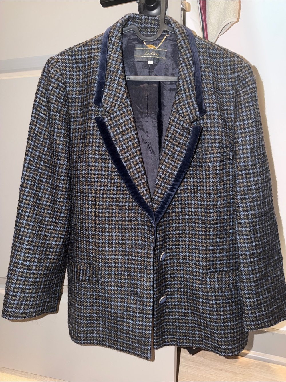 Wool-Blend Houndstooth Blazer in Blue and Brown